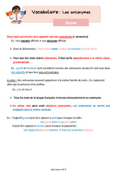 Les antonymes - Leçon de vocabulaire pour le cm2 - PDF gratuit à imprimer