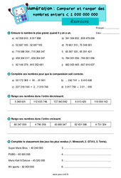 Ranger et comparer les nombres entiers inférieur à 1 000 000 000 - Exercices de numération pour le cm2 - PDF à imprimer