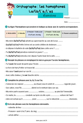 Les homophones grammaticaux : la, là, l’a, l’as - Exercices d'orthographe pour le cm2 - PDF à imprimer