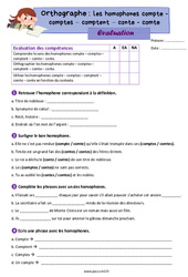 Les homophones lexicaux : compte - comptes – comptent – conte - comte - Évaluation d'orthographe pour le cm2 - PDF à imprimer