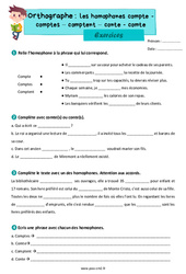 Les homophones lexicaux : compte - comptes – comptent – conte - comte - Exercices d'orthographe pour le cm2 - PDF à imprimer