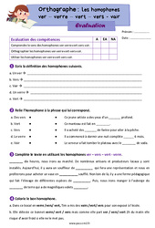 Les homophones lexicaux : ver – verre – vert – vers - vair - Évaluation d'orthographe pour le cm2 - PDF à imprimer