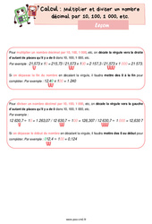 Multiplier et diviser un nombre décimal par 10, 100, 1 000 - Leçon de calcul pour le cm2 - PDF gratuit à imprimer
