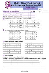 Découvrir les situations et les tableaux de proportionnalité - Évaluation de calcul pour le cm2 - PDF à imprimer