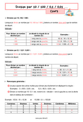 Division par 10 / 100 / 0,1 / 0,01 … – Cours de nombres et calculs pour la 6ème - PDF à imprimer