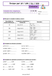 Division par 10 / 100 / 0,1 / 0,01 … – Evaluation de nombres et calculs pour la 6ème - PDF à imprimer