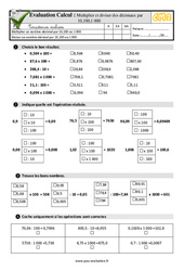 Multiplier et diviser des décimaux par 10,100 et 1000 au CM2 - Evaluation: QCM - Quiz  - PDF à imprimer