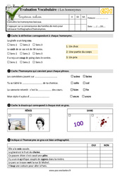 Les homonymes au CM1 - Evaluation: QCM - Quiz - PDF à imprimer