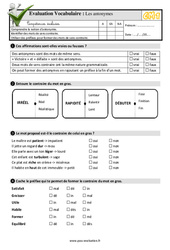 Les antonymes au CM1 - Evaluation: QCM - Quiz - PDF à imprimer