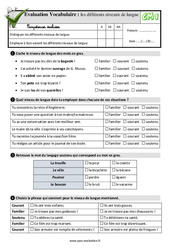 Les différents niveaux de langue au Cm1 - Evaluation: QCM - Quiz - PDF à imprimer