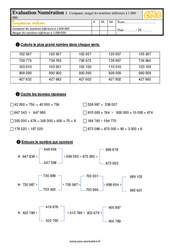 Comparer, ranger les nombres inférieurs à 1 000 000 au Cm2 - Evaluation: QCM - Quiz  - PDF à imprimer