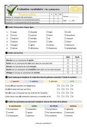 Les synonymes au Cm2 – Evaluation: QCM – Quiz  - PDF à imprimer