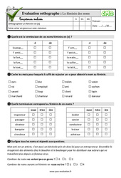 Le féminin des noms au Cm2 - Evaluation: QCM - Quiz  - PDF à imprimer