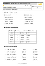 Diviser deux entiers avec quotient décimal - CM2 - Evaluation en calcul : QCM - Quiz  - PDF à imprimer