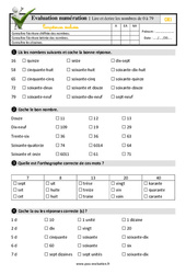 Lire et écrire les nombres de 0 à 79 au CE1 - Evaluation: QCM - Quiz - PDF à imprimer