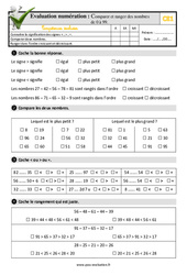 Comparer et ranger des nombres de 0 à 99 au CE1 - Evaluation: QCM - Quiz - PDF à imprimer