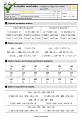 Comparer et ranger des nombres de 0 à 199 au CE1 - Evaluation: QCM - Quiz - PDF à imprimer
