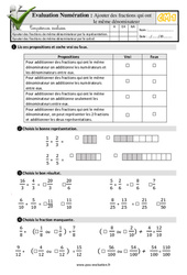 Ajouter des fractions qui ont le même dénominateur au CM1 - Evaluation: QCM - Quiz - PDF à imprimer