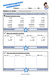 Multiplication et technique opératoire (multiplier par un nombre à 2 chiffres) au Ce2 - Evaluation progressive  - PDF à imprimer