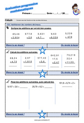 Additionner des nombres décimaux au Cm1 - Evaluation progressive - PDF à imprimer