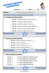 Différencier chiffres et nombres nombres jusqu’à 999 999 au Cm2 - Evaluation progressive - PDF à imprimer