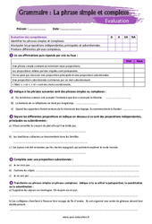 La phrase simple et complexe - 5ème - Evaluation avec la correction - PDF à imprimer