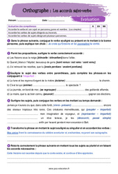 Les accords sujet-verbe - 5ème - Evaluation avec la correction - PDF à imprimer