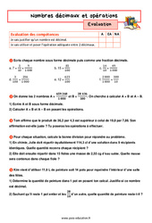 Nombres décimaux et opérations - 5ème - Evaluation avec la correction - PDF à imprimer