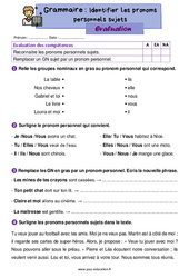 Identifier les pronoms personnels sujets – Évaluation de grammaire pour le ce1 - PDF à imprimer