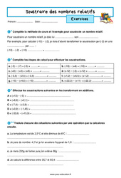 Soustraire des nombres relatifs – 5ème – Exercices avec les corrigés - PDF à imprimer
