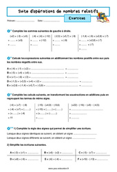 Suite d'opérations de nombres relatifs – 5ème – Exercices avec les corrigés - PDF à imprimer