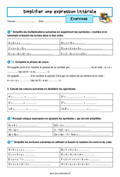 Simplifier une expression littérale – 5ème – Exercices avec les corrigés - PDF à imprimer