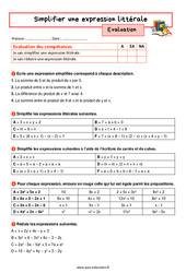 Simplifier une expression littérale – 5ème – Evaluation avec la correction - PDF à imprimer