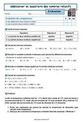 Additionner et soustraire des nombres relatifs – 4ème – Evaluation avec la correction - PDF à imprimer