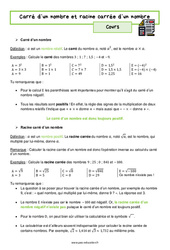 Carré d'un nombre et racine carrée d'un nombre – 4ème – Séquence complète - PDF à imprimer