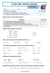 Diviser des nombres relatifs – 5ème – Evaluation avec la correction - PDF à imprimer