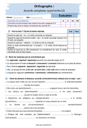 Accords complexes sujet/verbe (2) – 4ème – Evaluation avec la correction - PDF à imprimer