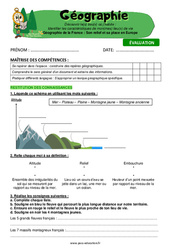 Géographie de la France, son relief, sa place en Europe - Cm1 - Evaluation - Miss Boussole - PDF à imprimer