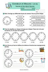 Lire les heures et les demi-heures - Ce1 - Exercices - PDF à imprimer