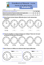 Lire les heures et les demi-heures - Ce1 - Evaluation - PDF à imprimer