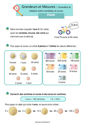 Connaitre la relation entre centimes et euros – Leçon de grandeurs et mesures pour le ce1 - PDF à imprimer