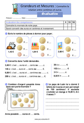 Connaitre la relation entre centimes et euros – Évaluation de grandeurs et mesures pour le ce1 - PDF à imprimer