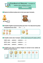 Connaitre la relation entre centimes et euros – Exercices de grandeurs et mesures pour le ce1 - PDF à imprimer