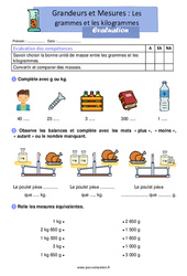 Les grammes et les kilogrammes - Ce1 - Evaluation - PDF à imprimer