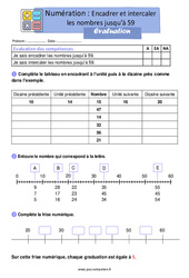 Encadrer et intercaler les nombres jusqu'à 59 - Ce1 - Evaluation - PDF à imprimer