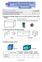 Vocabulaire des solides : Le cube et le pavé droit – Évaluation de géométrie pour le ce1 - PDF à imprimer