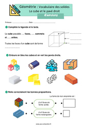 Vocabulaire des solides : Le cube et le pavé droit – Exercices de géométrie pour le ce1 - PDF à imprimer