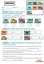 Exercice Greetings - Vocabulaire - Exercices - Apprends l'anglais avec Kelly and James - PDF à imprimer