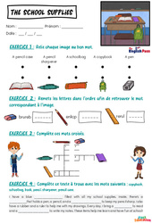 Exercice School supplies - Vocabulaire - Exercices - Apprends l'anglais avec Kelly and James - PDF à imprimer