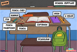Leçon School supplies - Vocabulaire - Leçon/Flashcard - Apprends l'anglais avec Kelly and James - PDF à imprimer